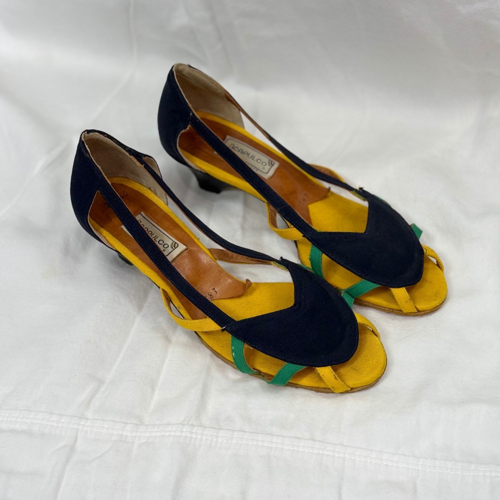 Acapulco Vintage 50's 60's Colorblock Canvas Kitten Heel Sandals Mexico